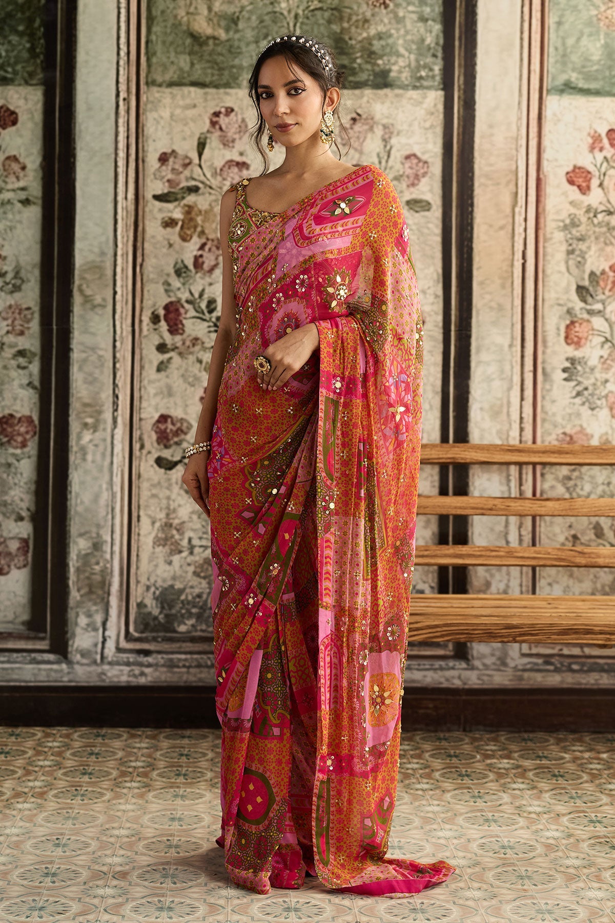 Sage Butta Print And Highlighted One-Shoulder Blouse With Yellow-Fuschia Pre-Draped Classic Saree Set