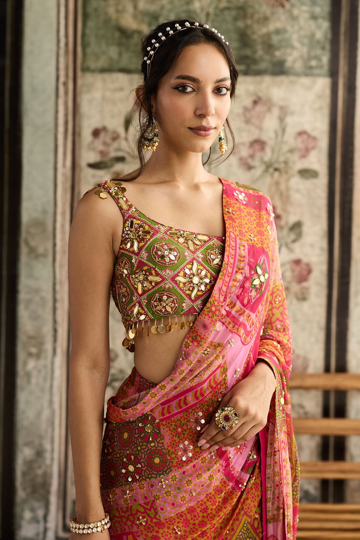 Sage Butta Print And Highlighted One-Shoulder Blouse With Yellow-Fuschia Pre-Draped Classic Saree Set