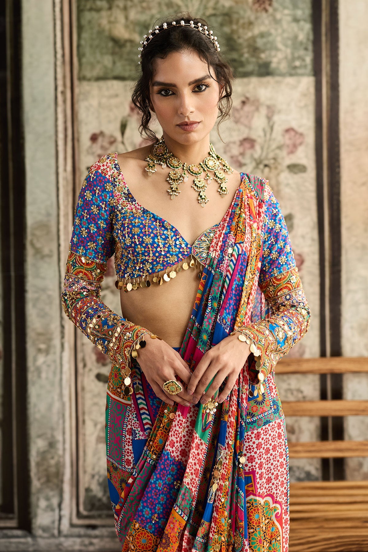 Multi-Color Print And Highlighted Plunge Neckline Blouse With Sharara Saree Set