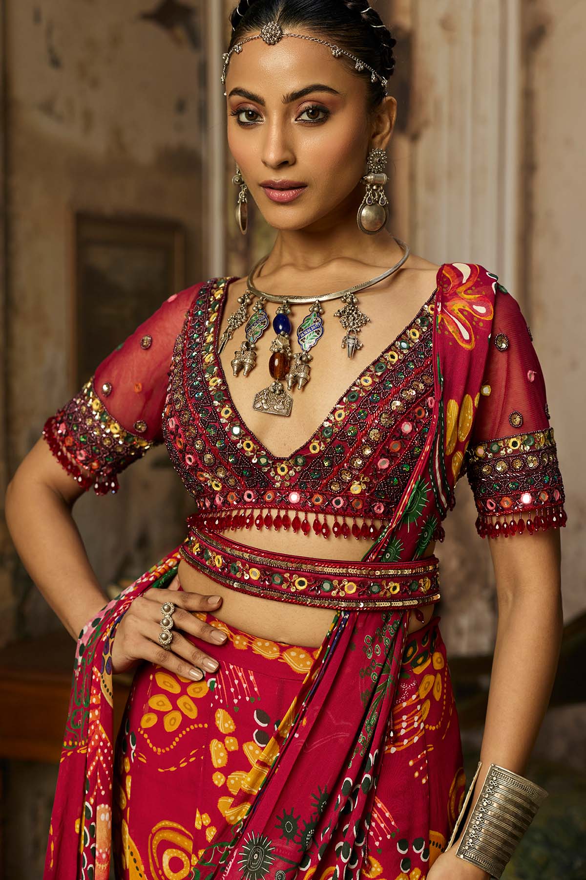 DEEP RED EMBROIDERED BLOUSE WITH MERMAID SKIRT SAREE SET