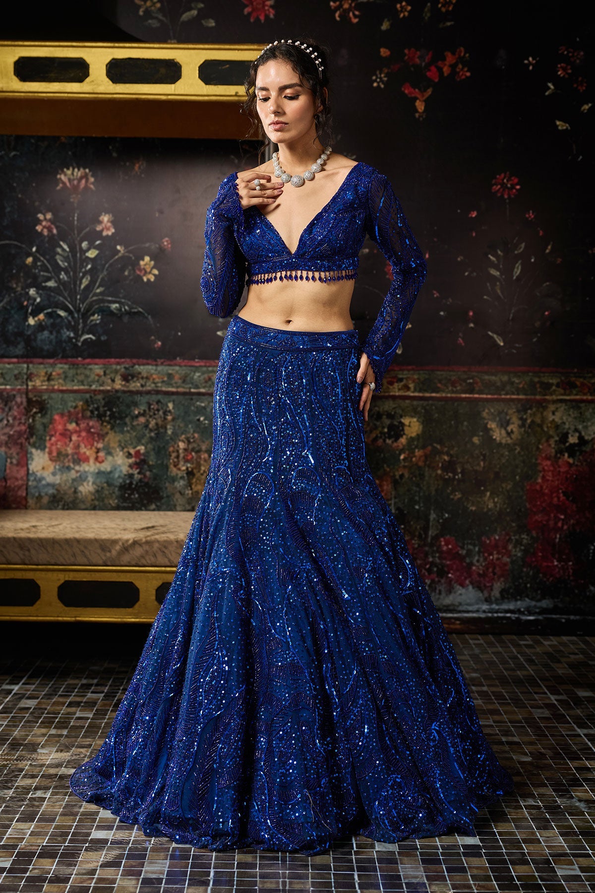 Electric Blue Embellished Mermaid Skirt Set