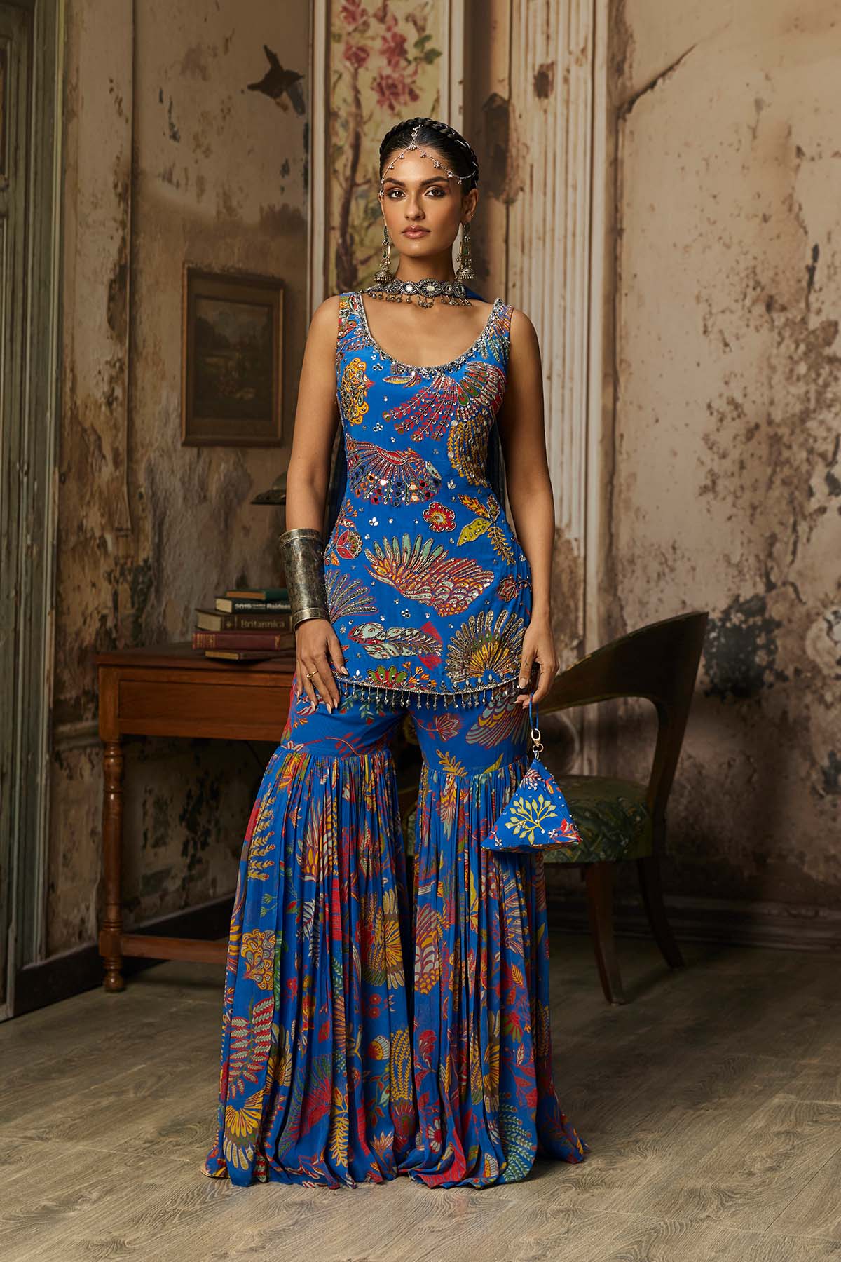 ELECTRIC BLUE PRINTED HIGHLIGHTED KURTI WITH GHARARA SET