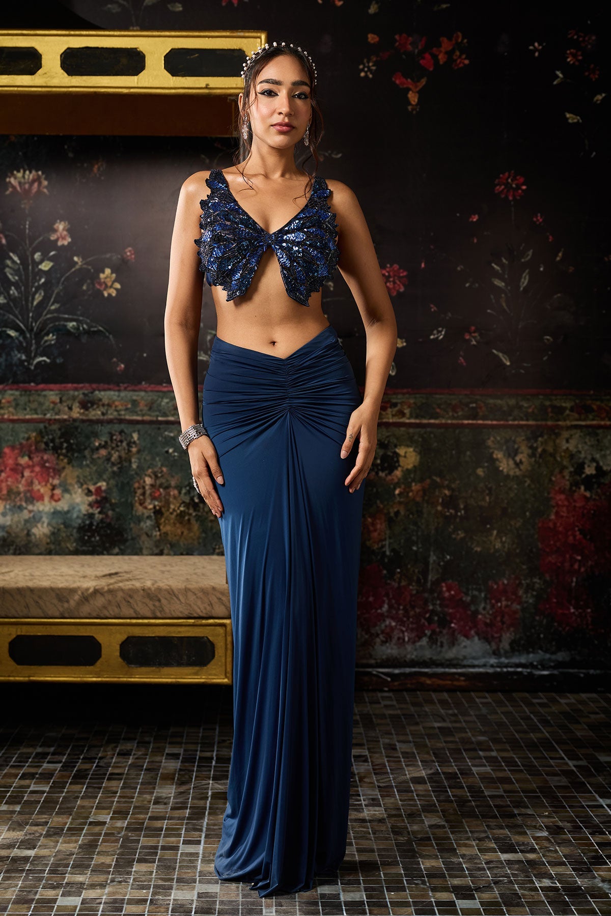 Teal Blue Cutwork Blouse With Draped Skirt Set