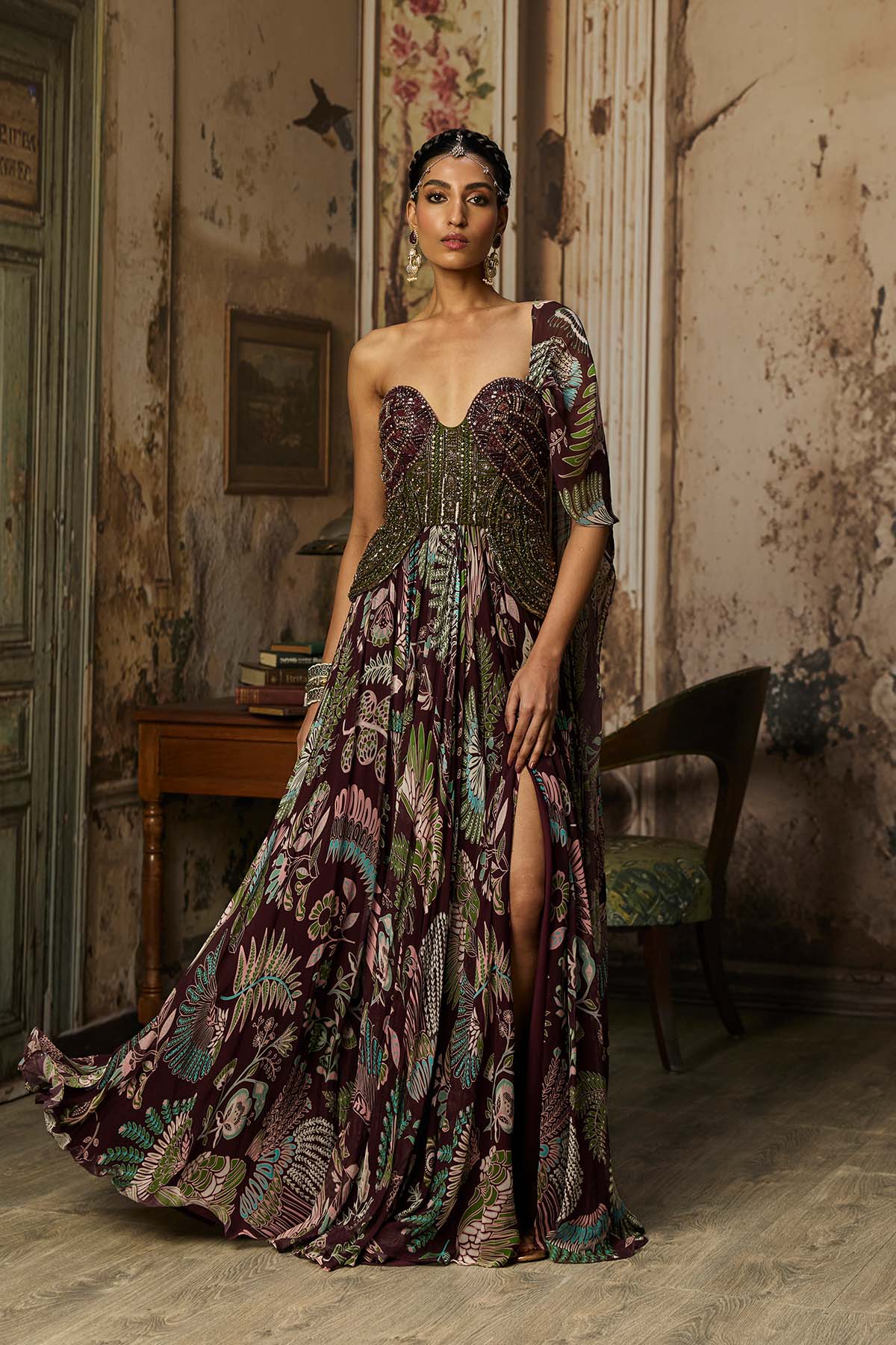 PLUM PRINTED AND EMBROIDERED DRAPE GOWN SAREE