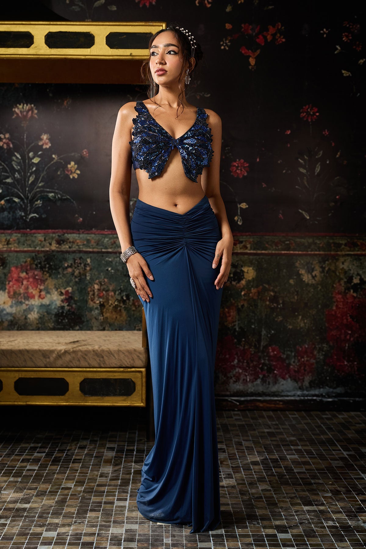 Teal Blue Cutwork Blouse With Draped Skirt Set