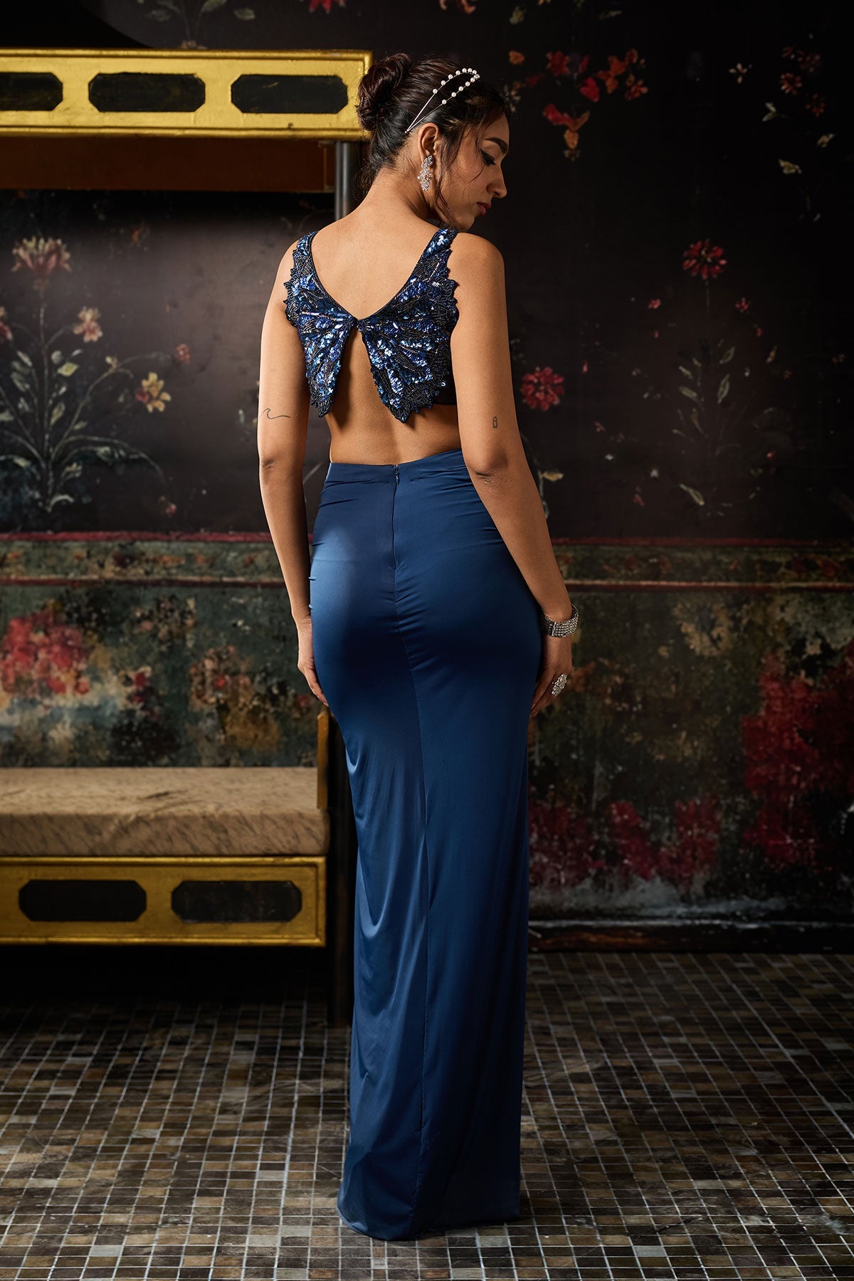 Teal Blue Cutwork Blouse With Draped Skirt Set