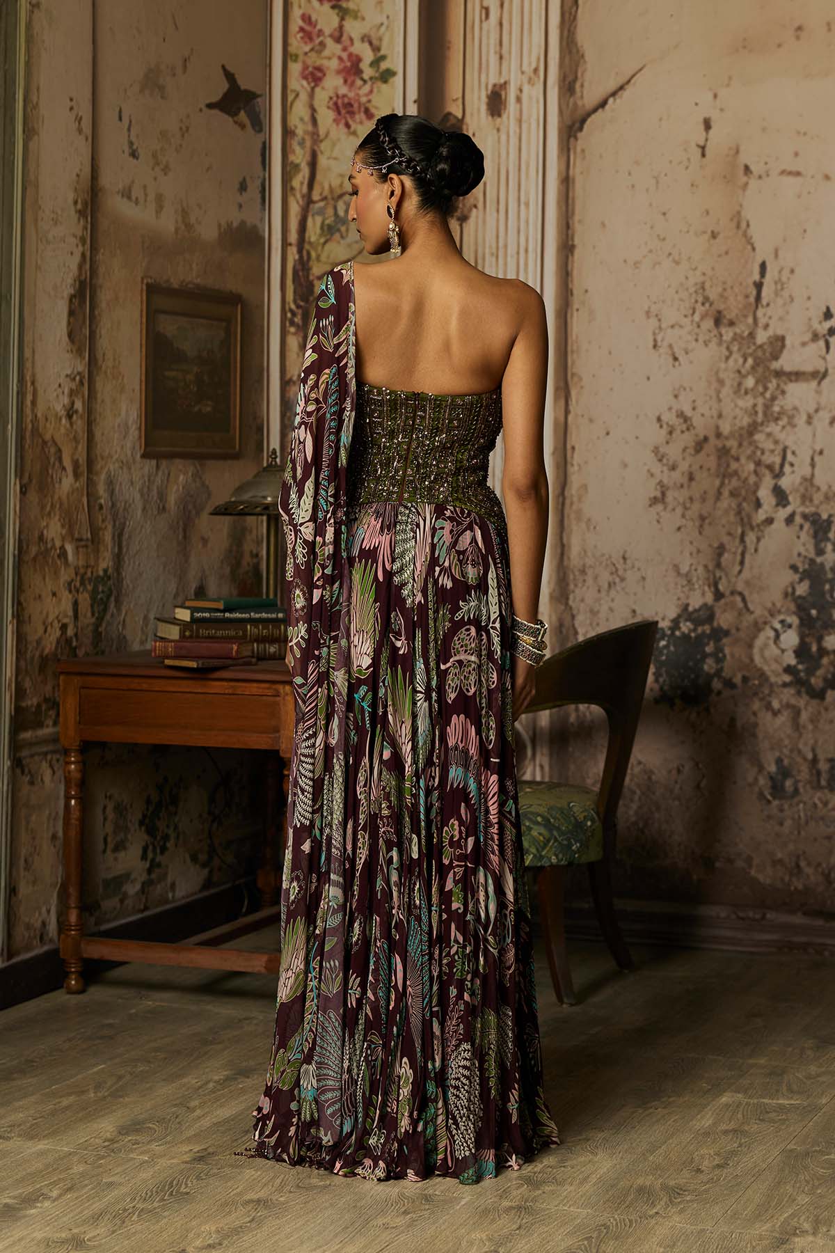 PLUM PRINTED AND EMBROIDERED DRAPE GOWN SAREE