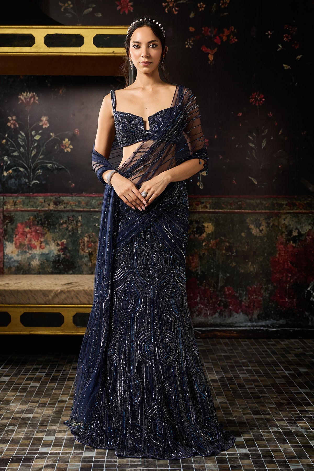 Midnight Blue Embellished Mermaid Skirt Saree Set