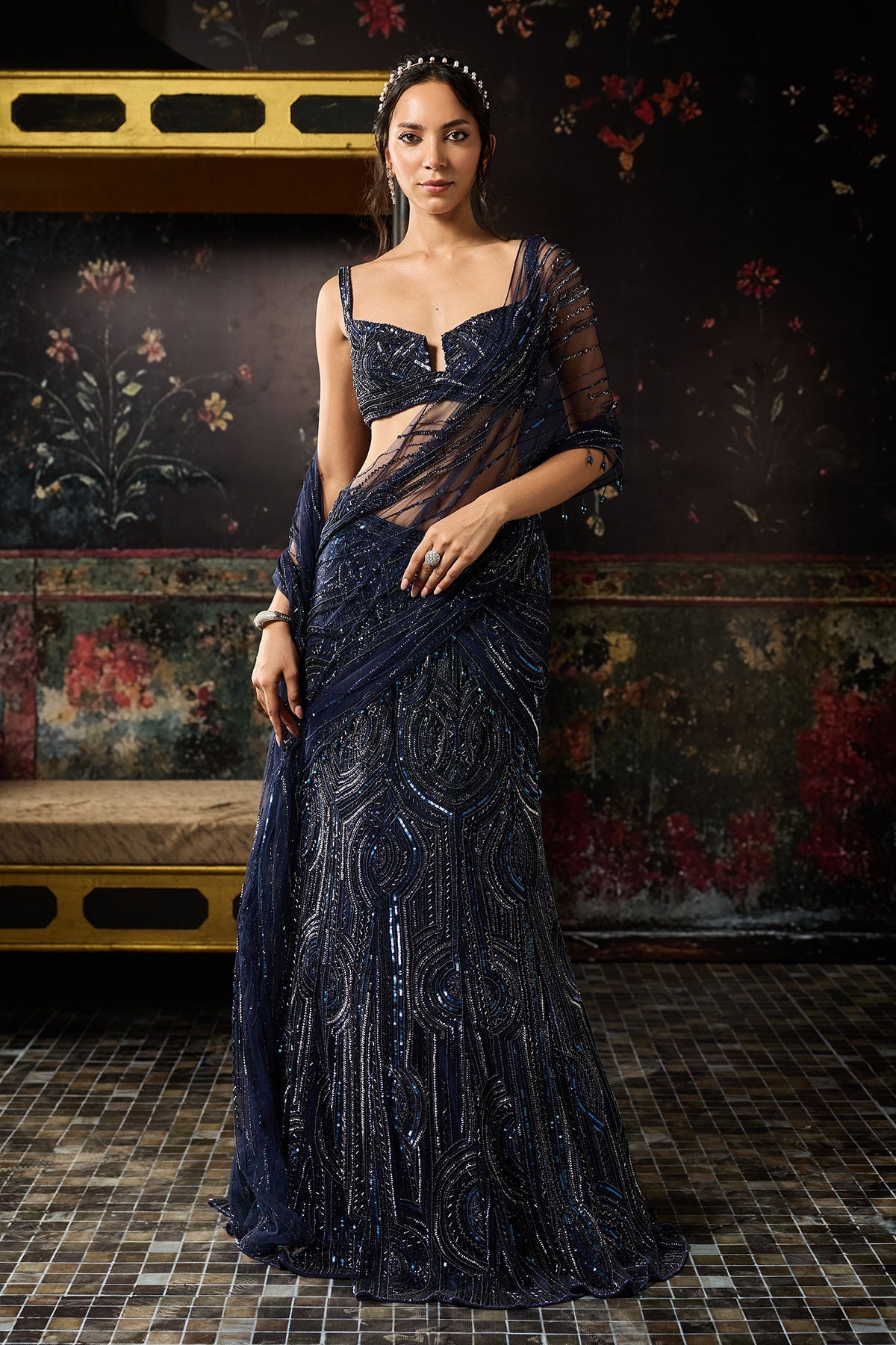 Midnight Blue Embellished Mermaid Skirt Saree Set