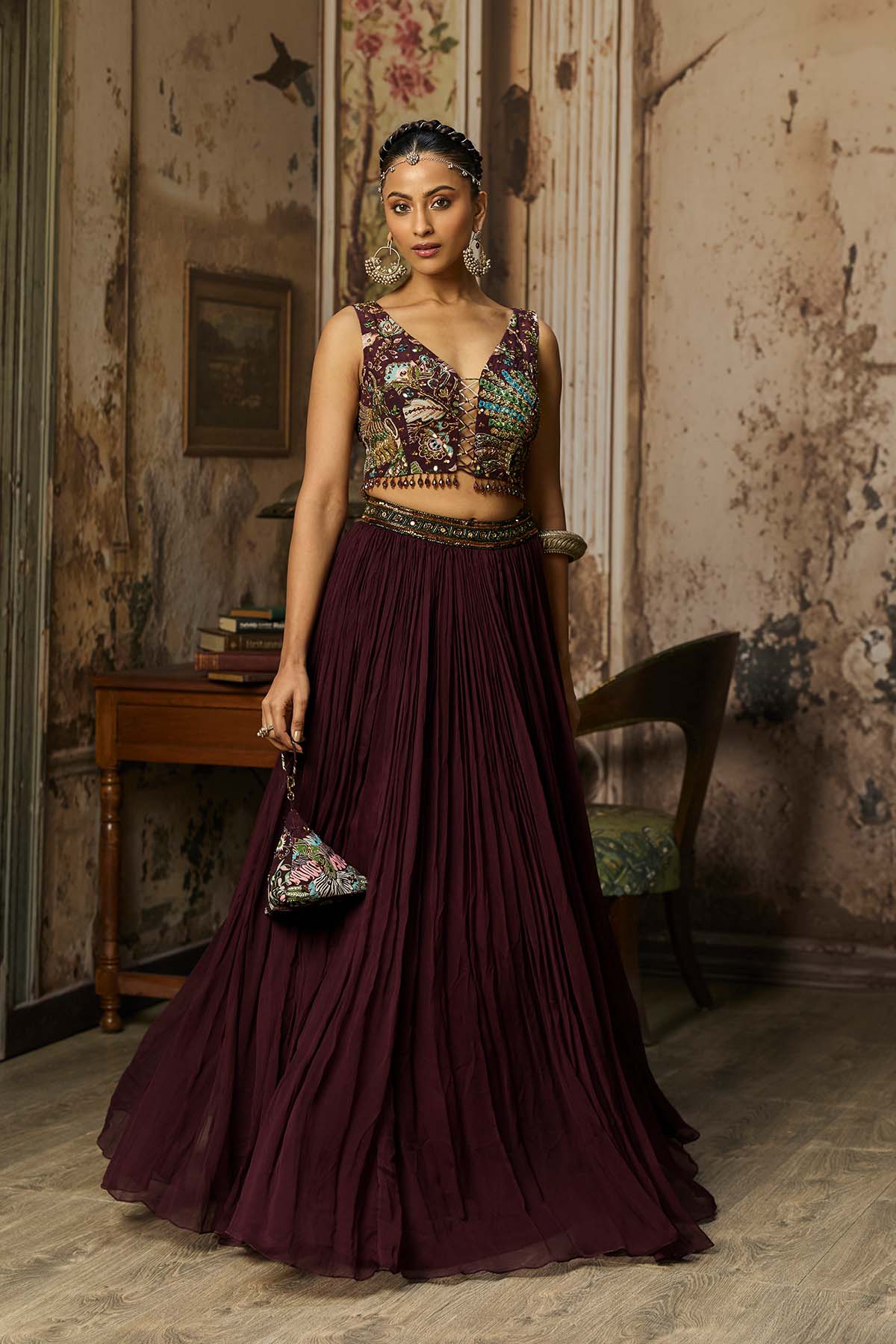 PLUM PRINT AND HIGHIGHTED BLOUSE WITH SKIRT SET