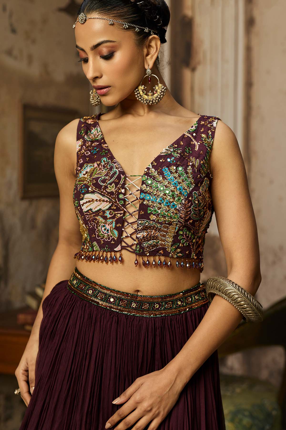 PLUM PRINT AND HIGHIGHTED BLOUSE WITH SKIRT SET