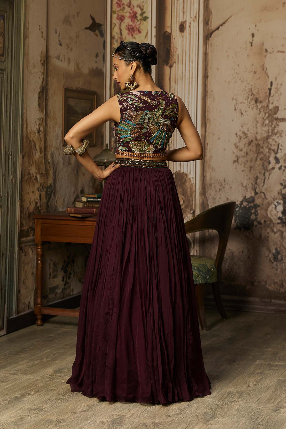 PLUM PRINT AND HIGHIGHTED BLOUSE WITH SKIRT SET
