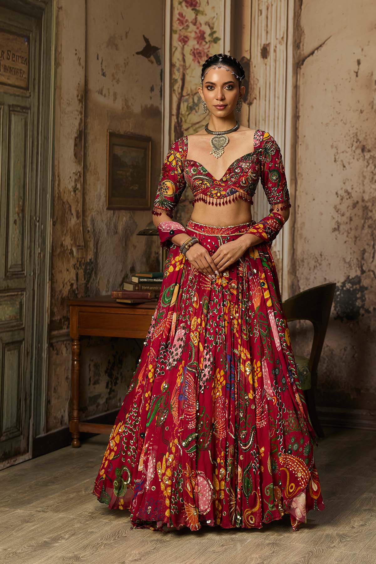 DEEP RED PRINTED AND HIGHLIGHTED LEHENGA SET