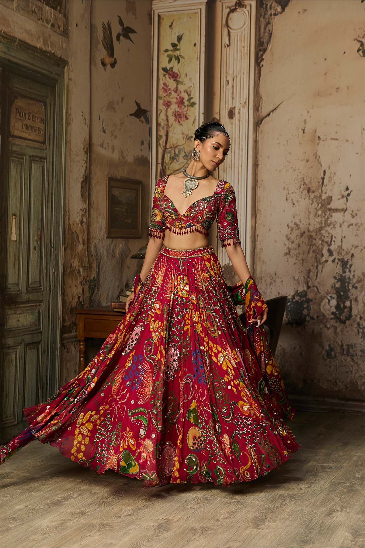 DEEP RED PRINTED AND HIGHLIGHTED LEHENGA SET