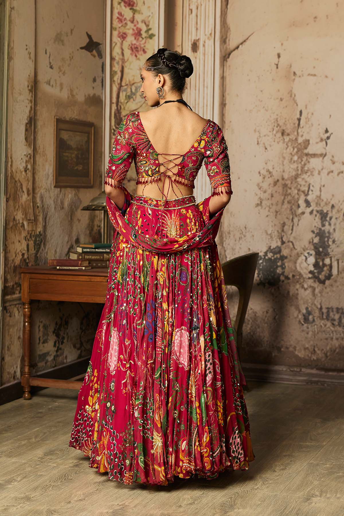 DEEP RED PRINTED AND HIGHLIGHTED LEHENGA SET