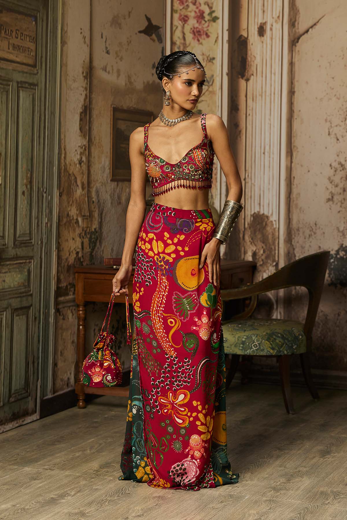 DEEP RED PRINTED AND HIGHLIGHTED SKIRT SET
