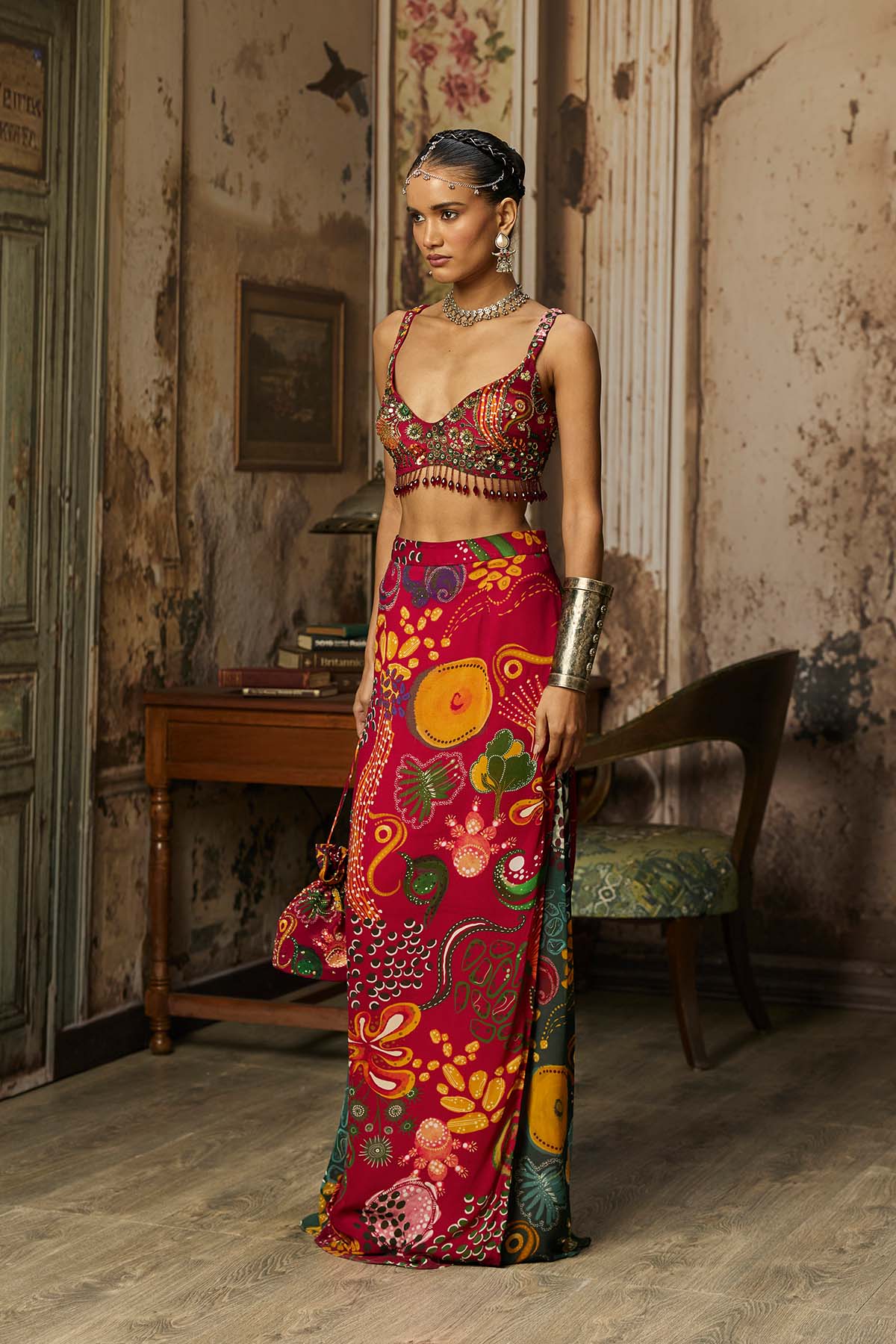 DEEP RED PRINTED AND HIGHLIGHTED SKIRT SET