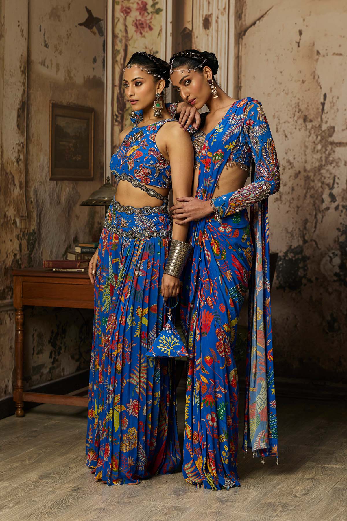 ELECTRIC BLUE PRINTED AND HIGHLIGHTED DHOTI SAREE