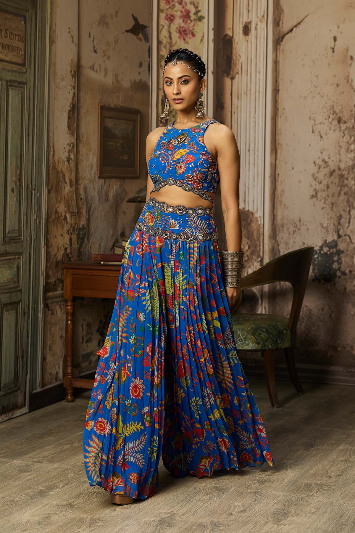 ELECTRIC BLUE PRINTED AND HIGHLIGHTED SHARARA SET