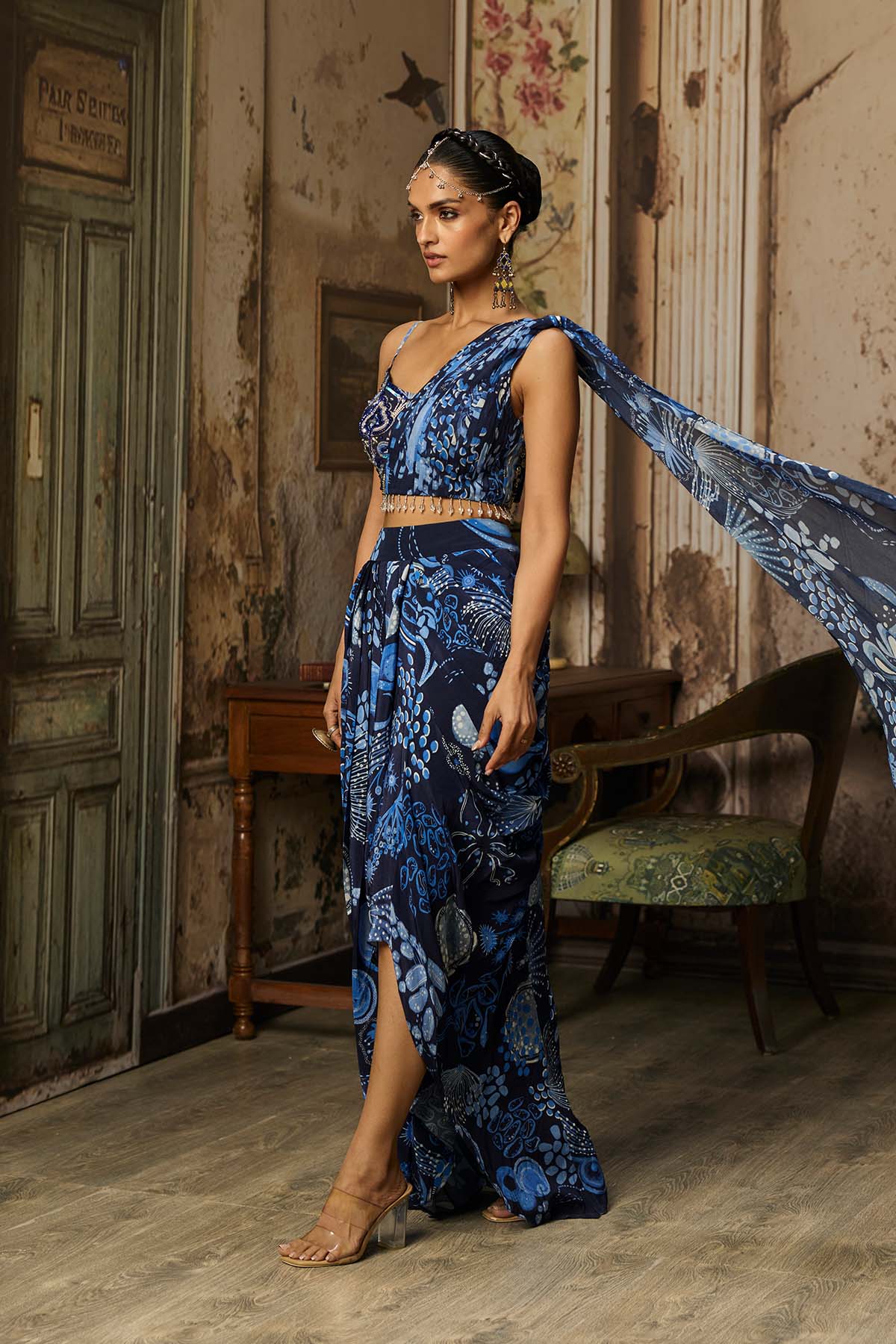 NAVY BLUE PRINTED DRAPE ASYMMETRIC CROP TOP AND SKIRT SET