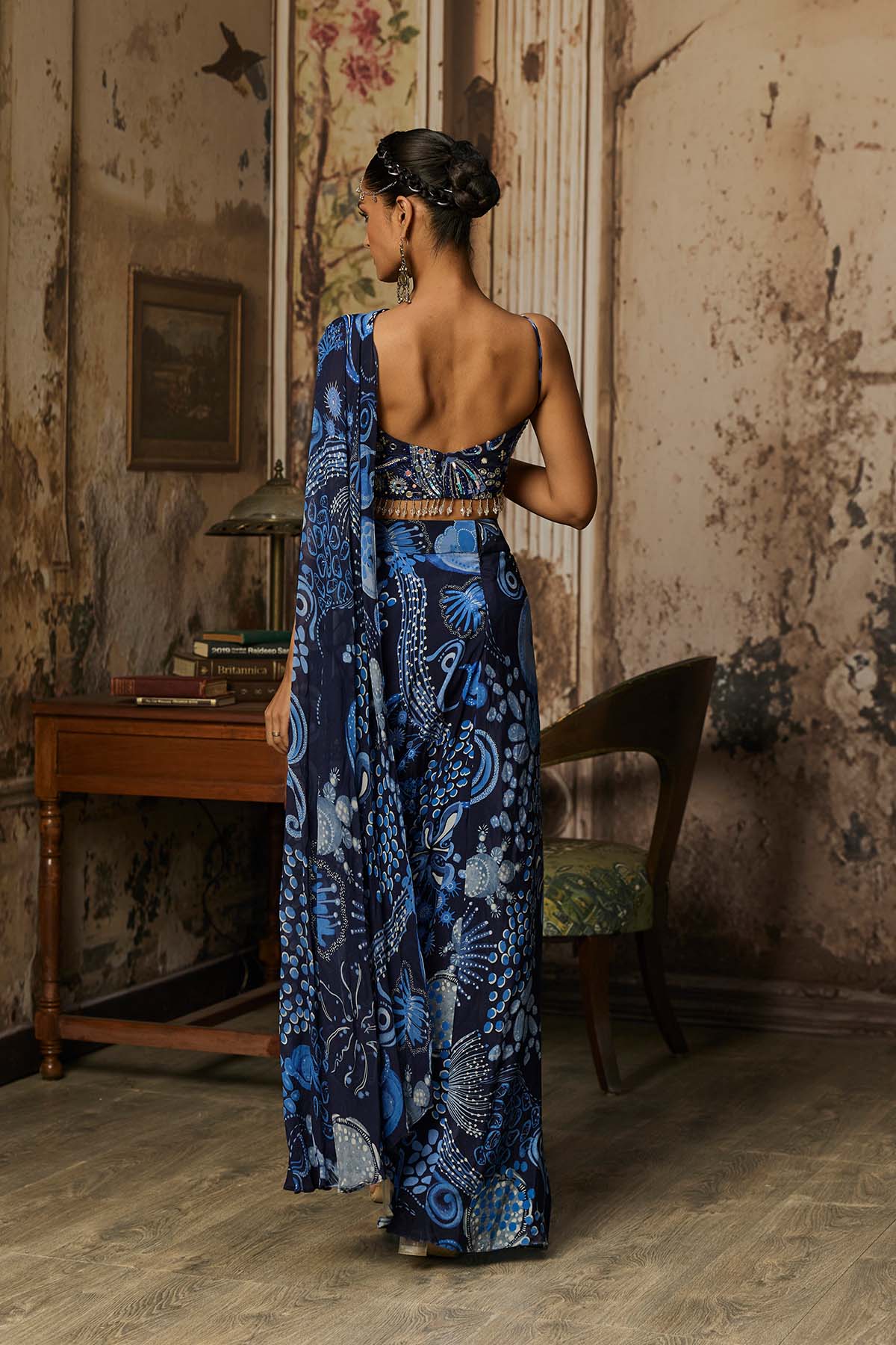 NAVY BLUE PRINTED DRAPE ASYMMETRIC CROP TOP AND SKIRT SET