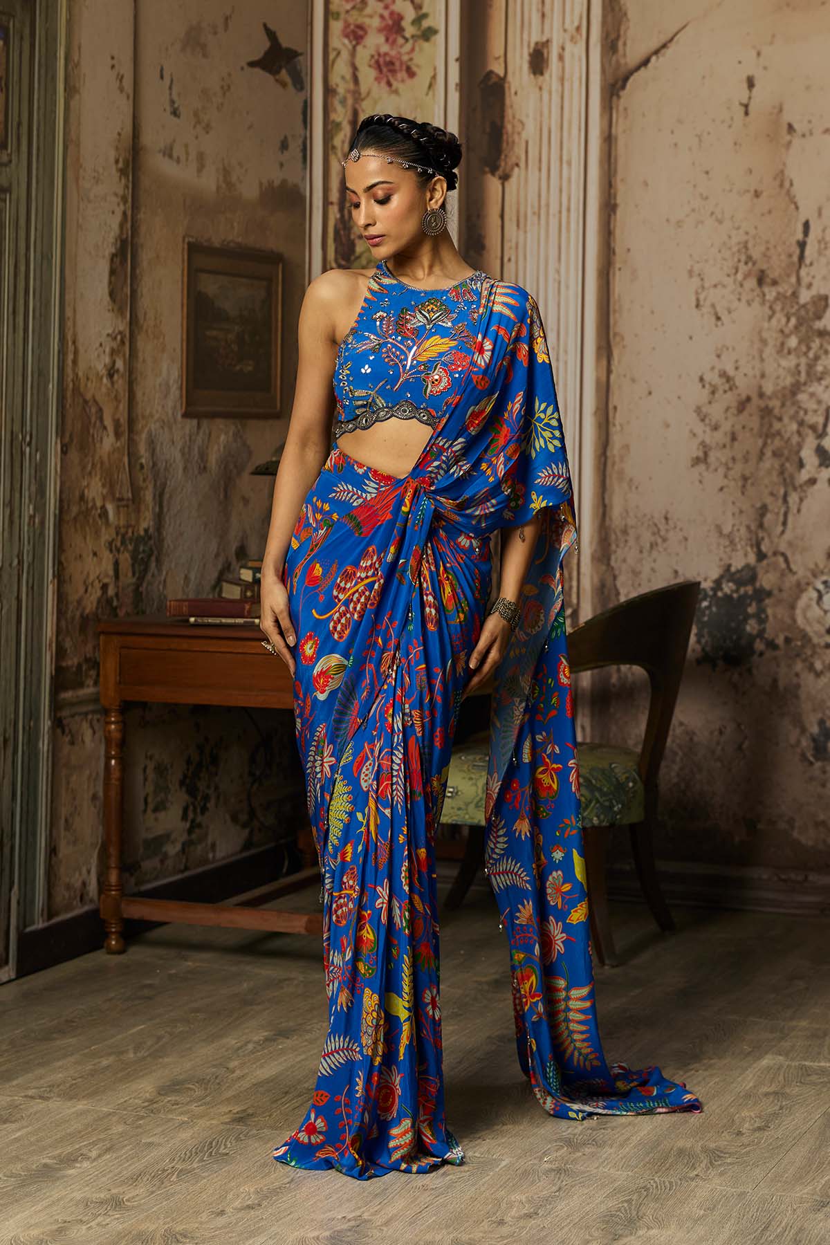 ELECTRIC BLUE PRINTED AND HIGHLIGHTED DHOTI SKIRT SAREE SET