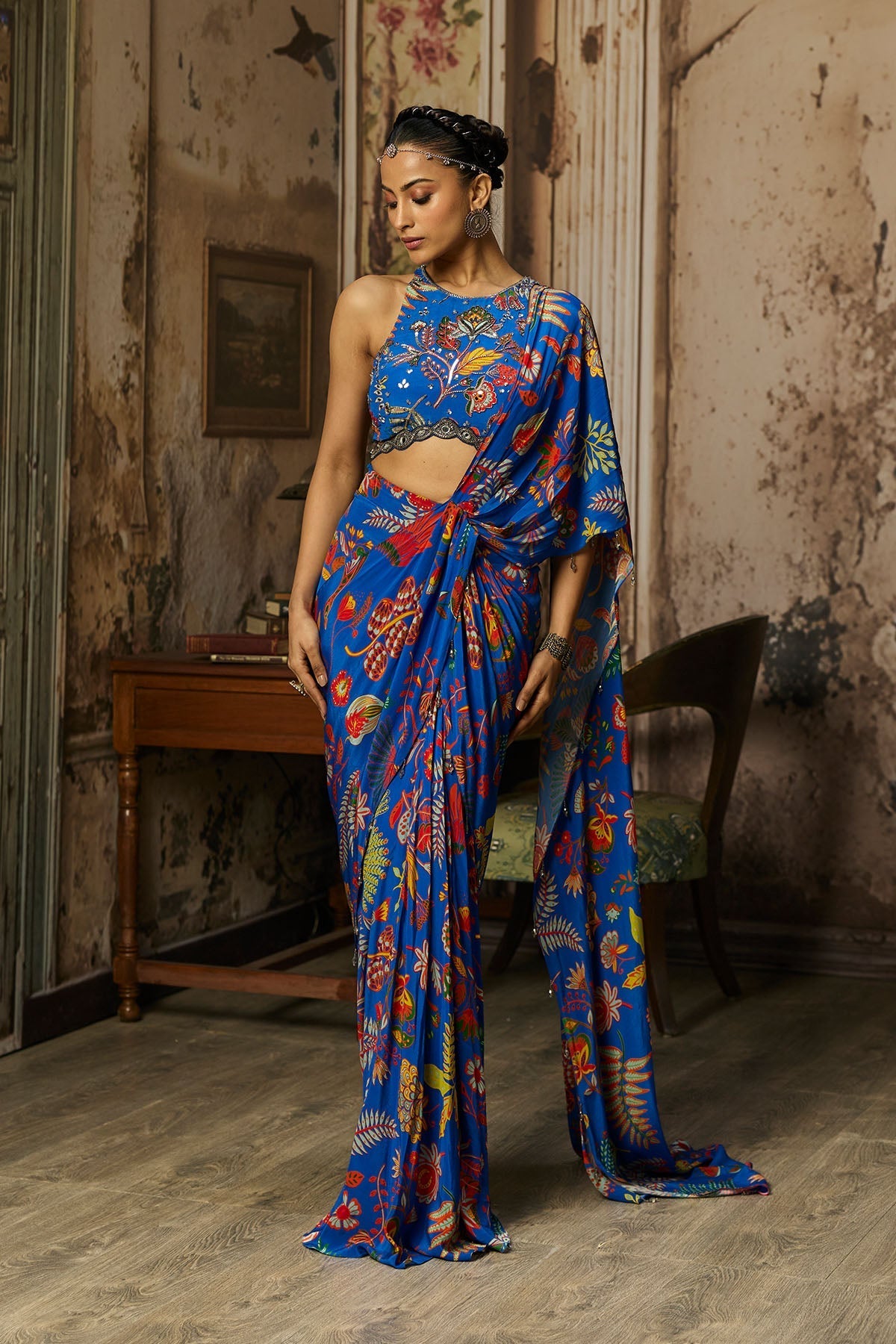 Electric Blue Printed And Highlighted Dhoti Skirt Saree Set - Ready To Ship