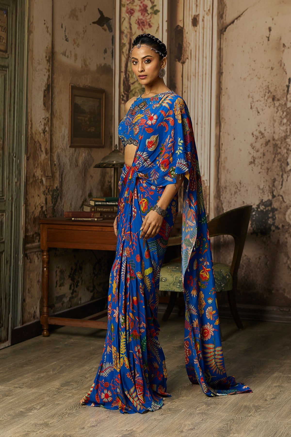 Electric Blue Printed And Highlighted Dhoti Skirt Saree Set - Ready To Ship
