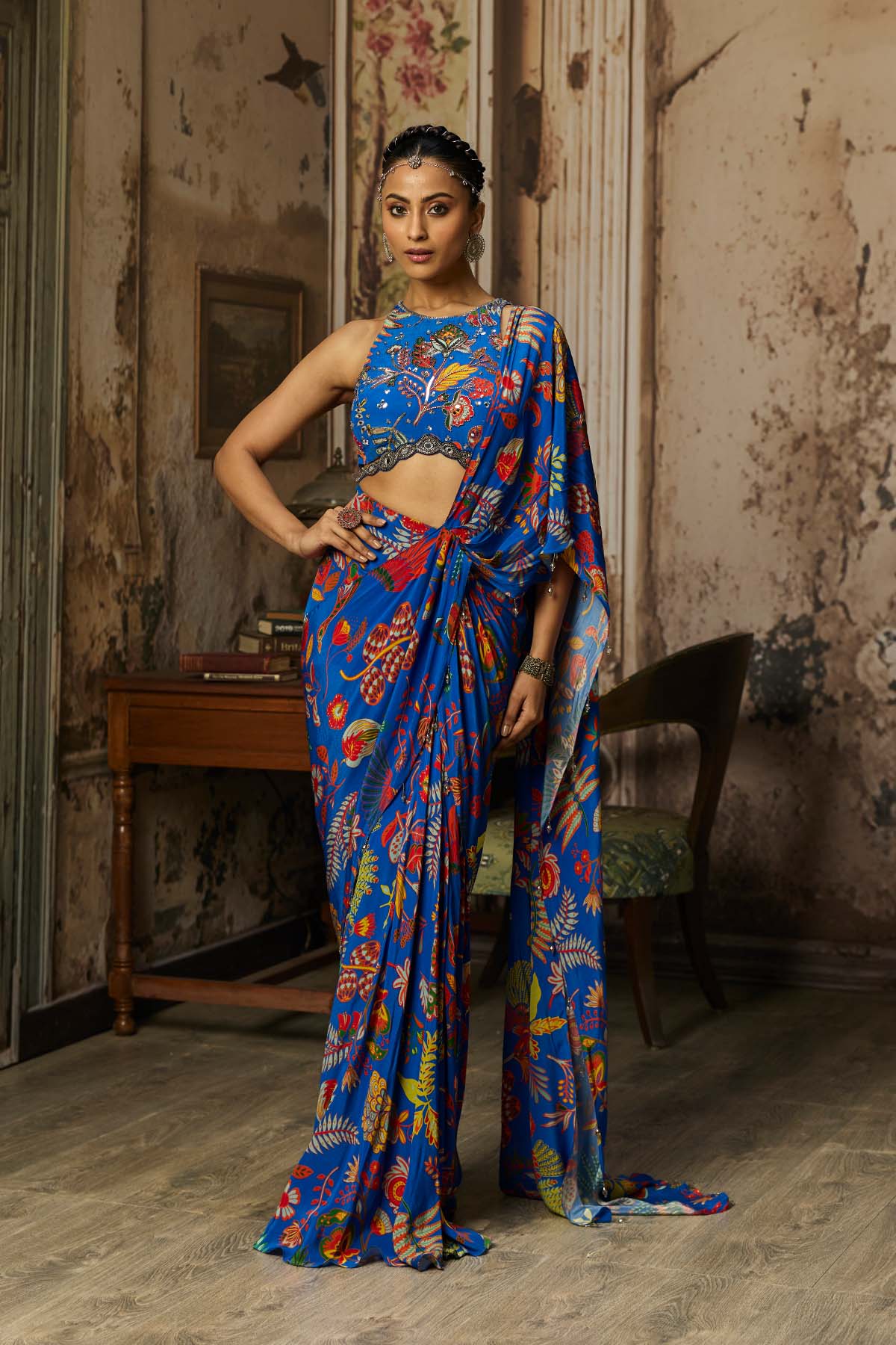 ELECTRIC BLUE PRINTED AND HIGHLIGHTED DHOTI SKIRT SAREE SET