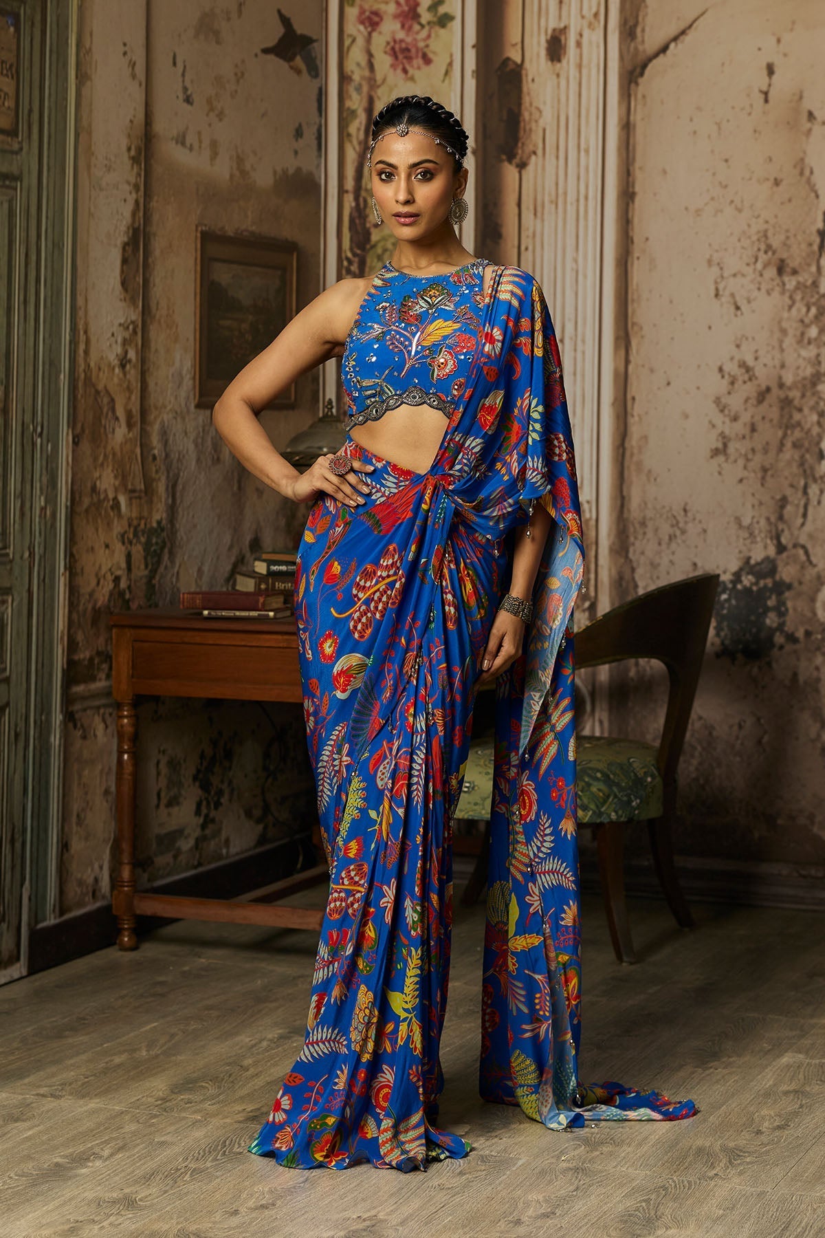 Electric Blue Printed And Highlighted Dhoti Skirt Saree Set - Ready To Ship