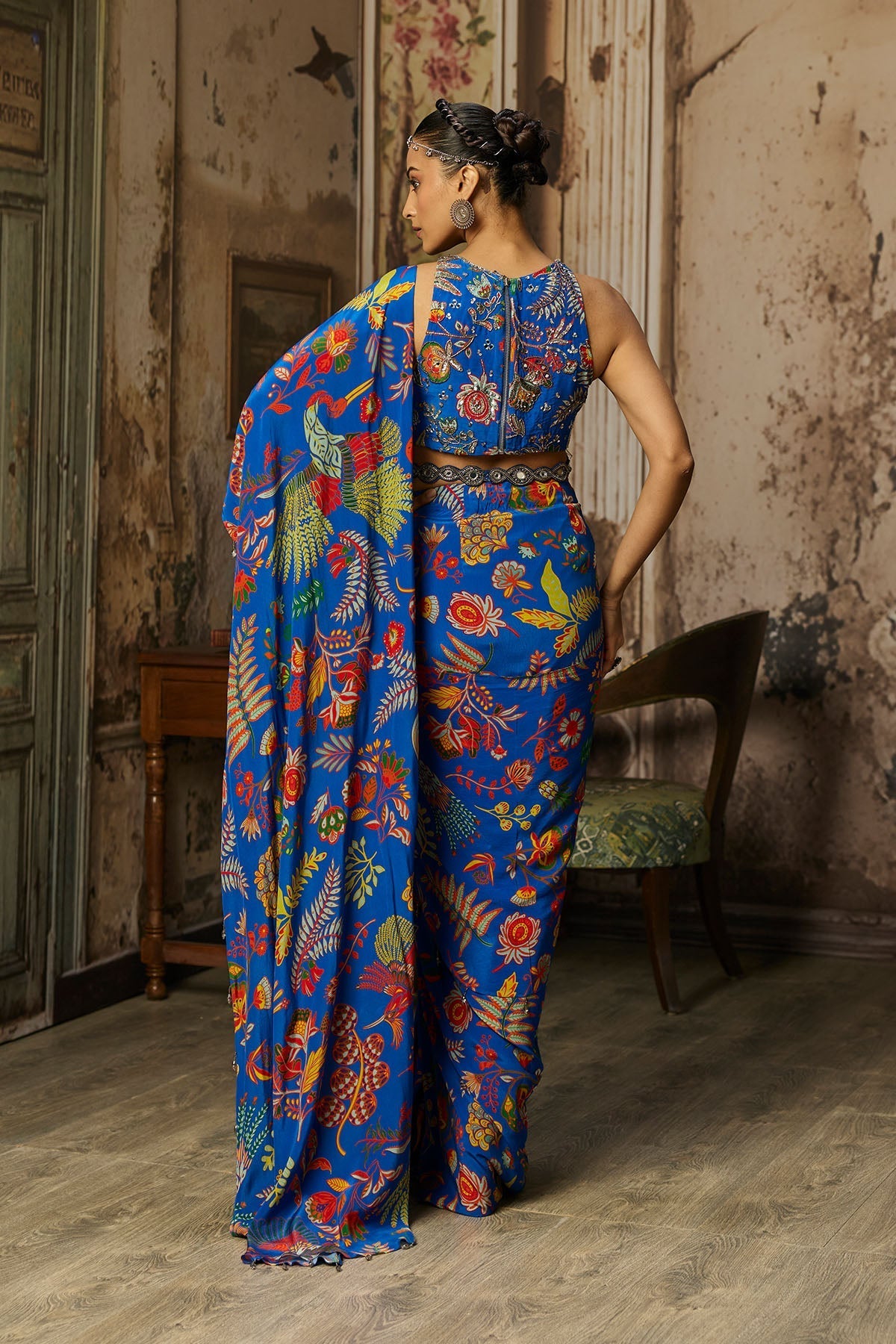 Electric Blue Printed And Highlighted Dhoti Skirt Saree Set - Ready To Ship