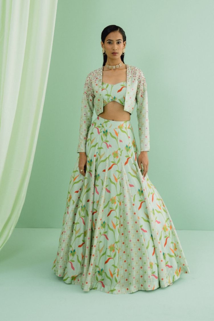 Green Printed Jacket Lehenga Set