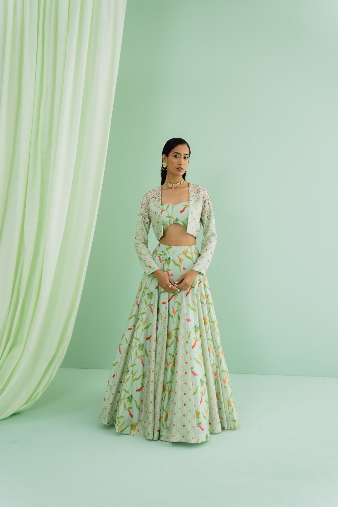 Green Printed Jacket Lehenga Set