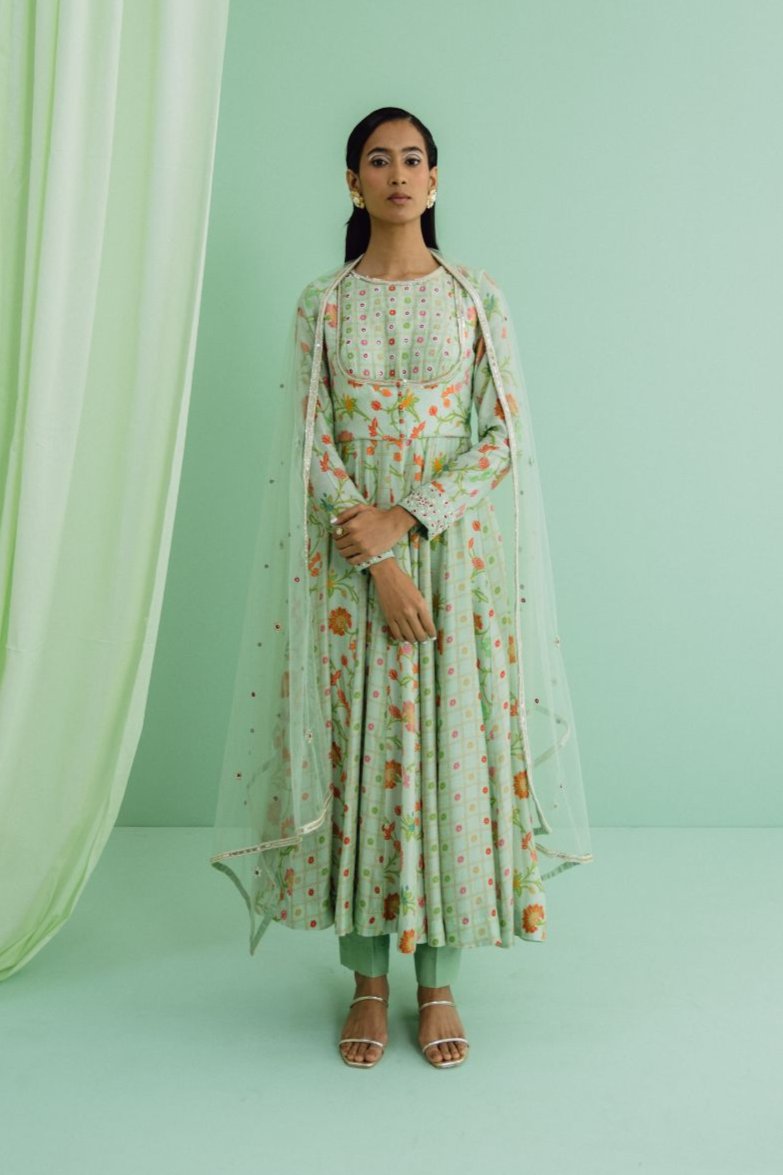 Green Printed Anarkali Set