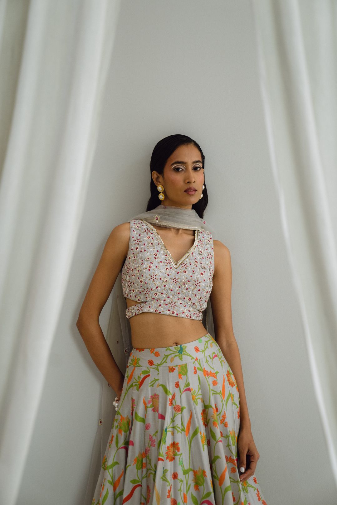 Grey Printed Lehenga Set