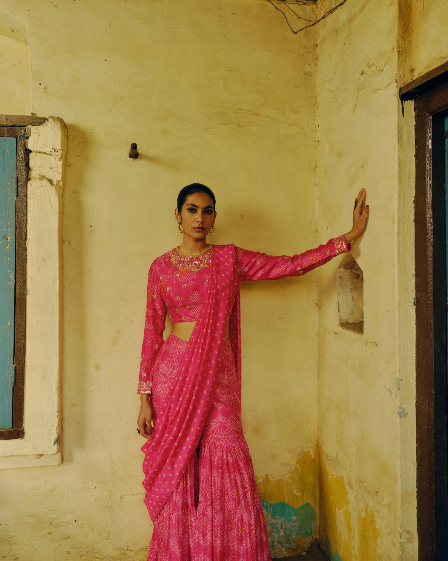 Rani pink sharara saree