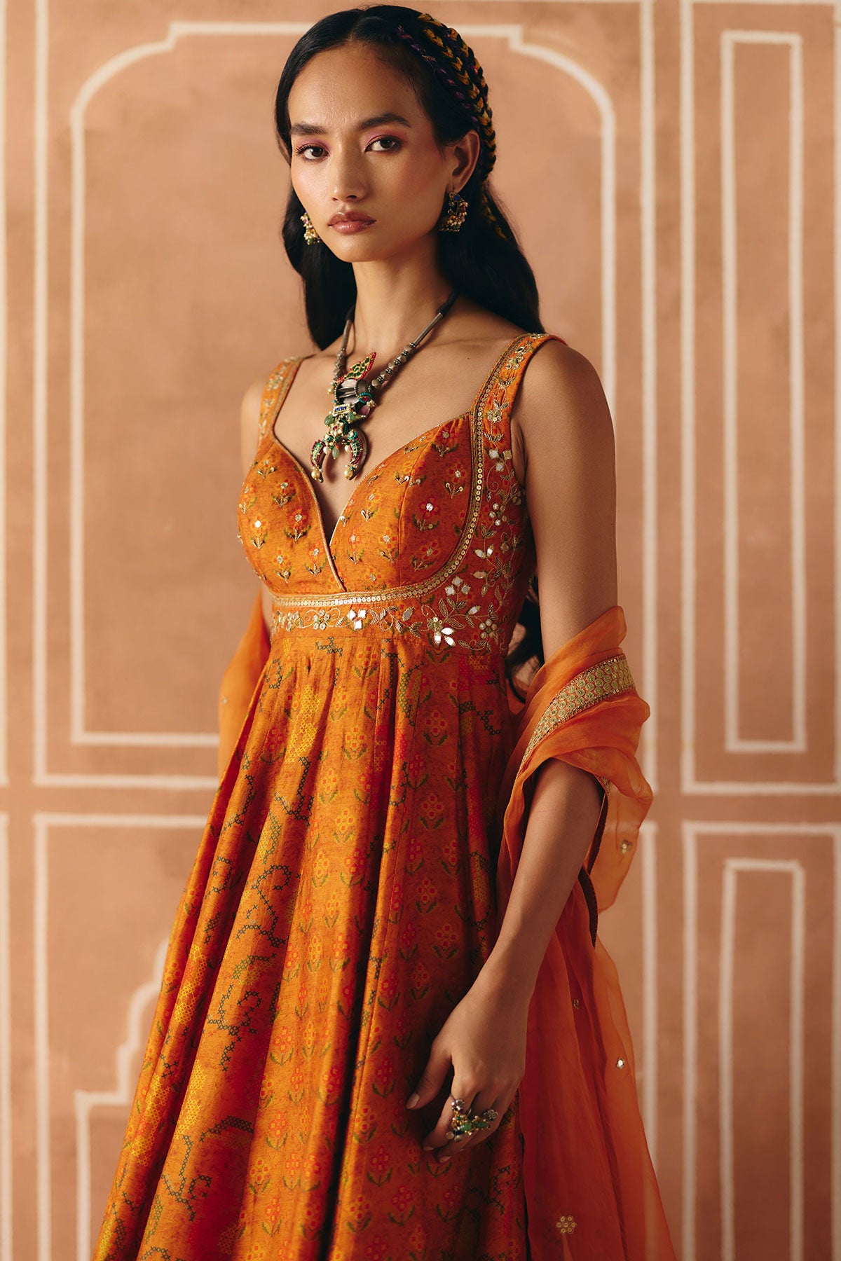 Burnt orange anarkali set