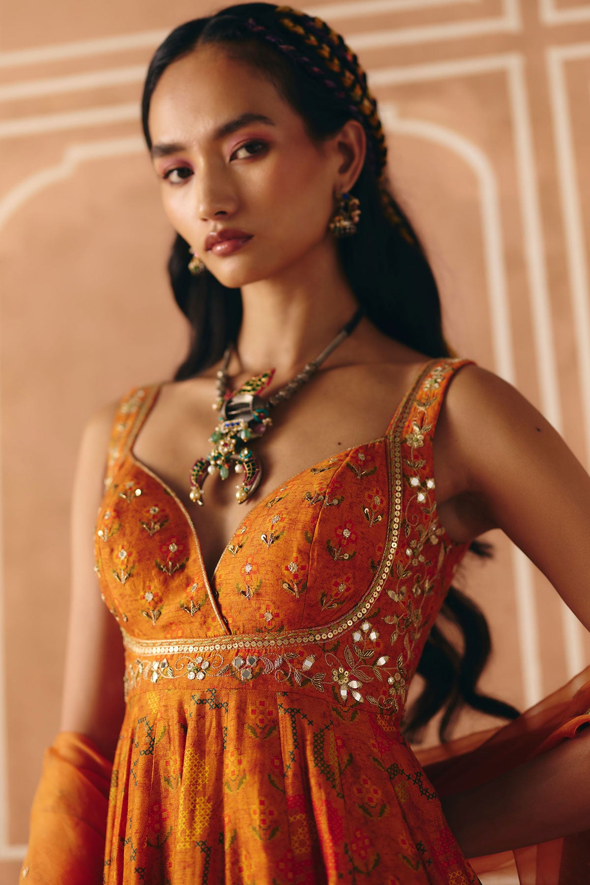 Burnt orange anarkali set