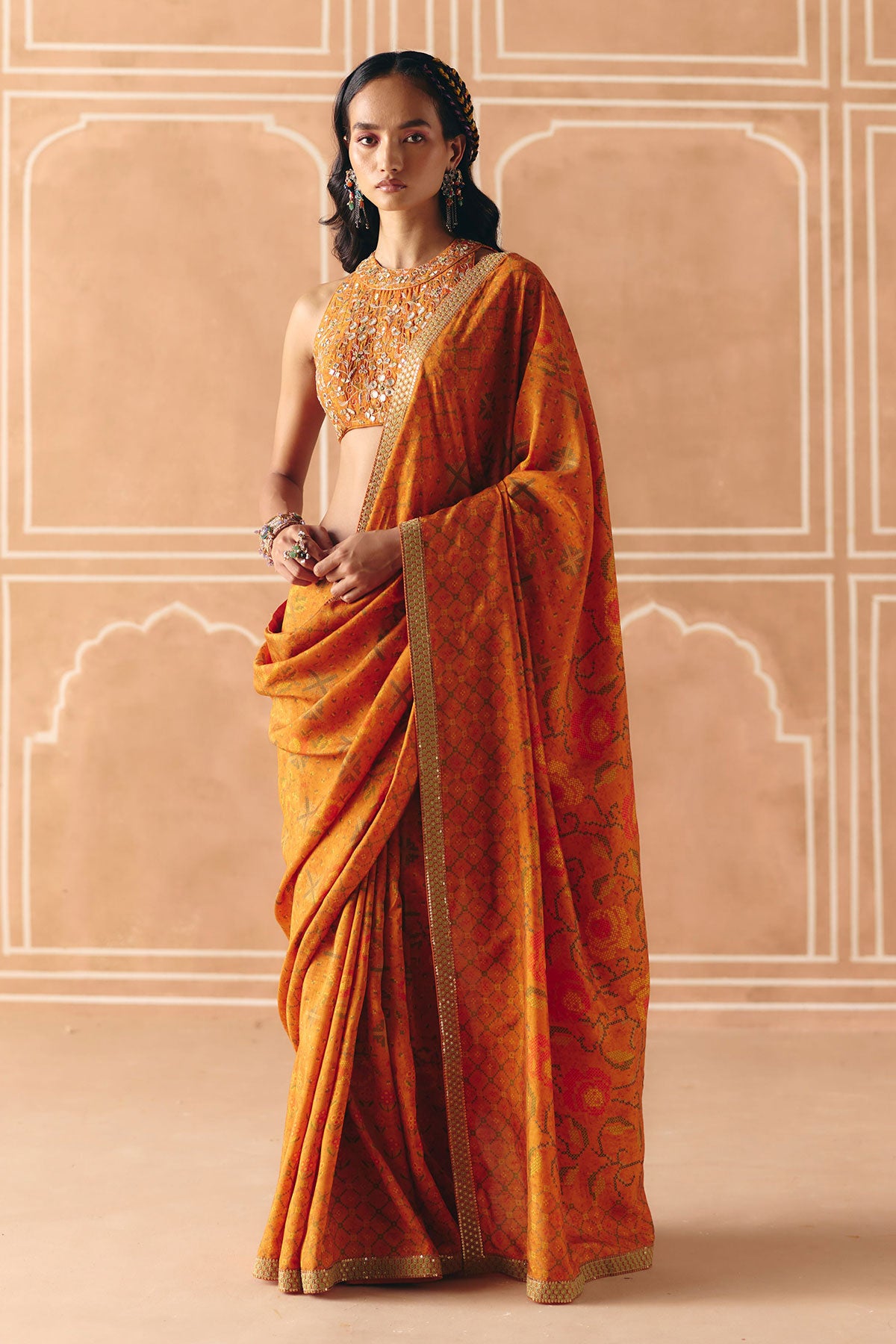Burnt orange saree set