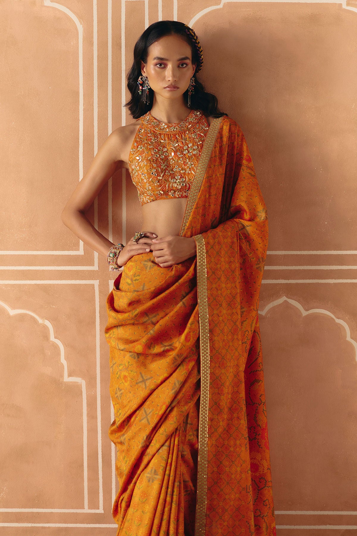 Burnt orange saree set