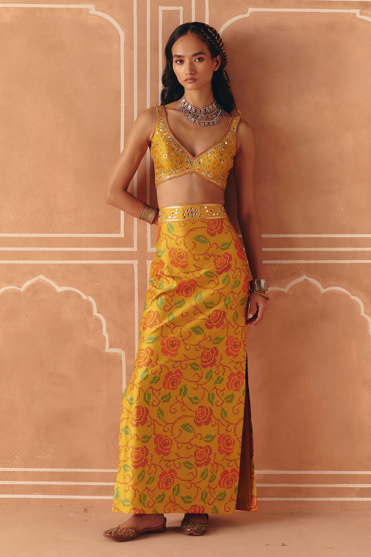 Marigold yellow crop top + pencil skirt