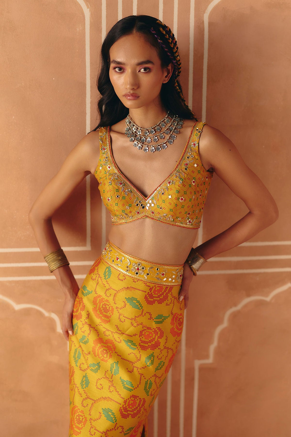 Marigold yellow crop top + pencil skirt