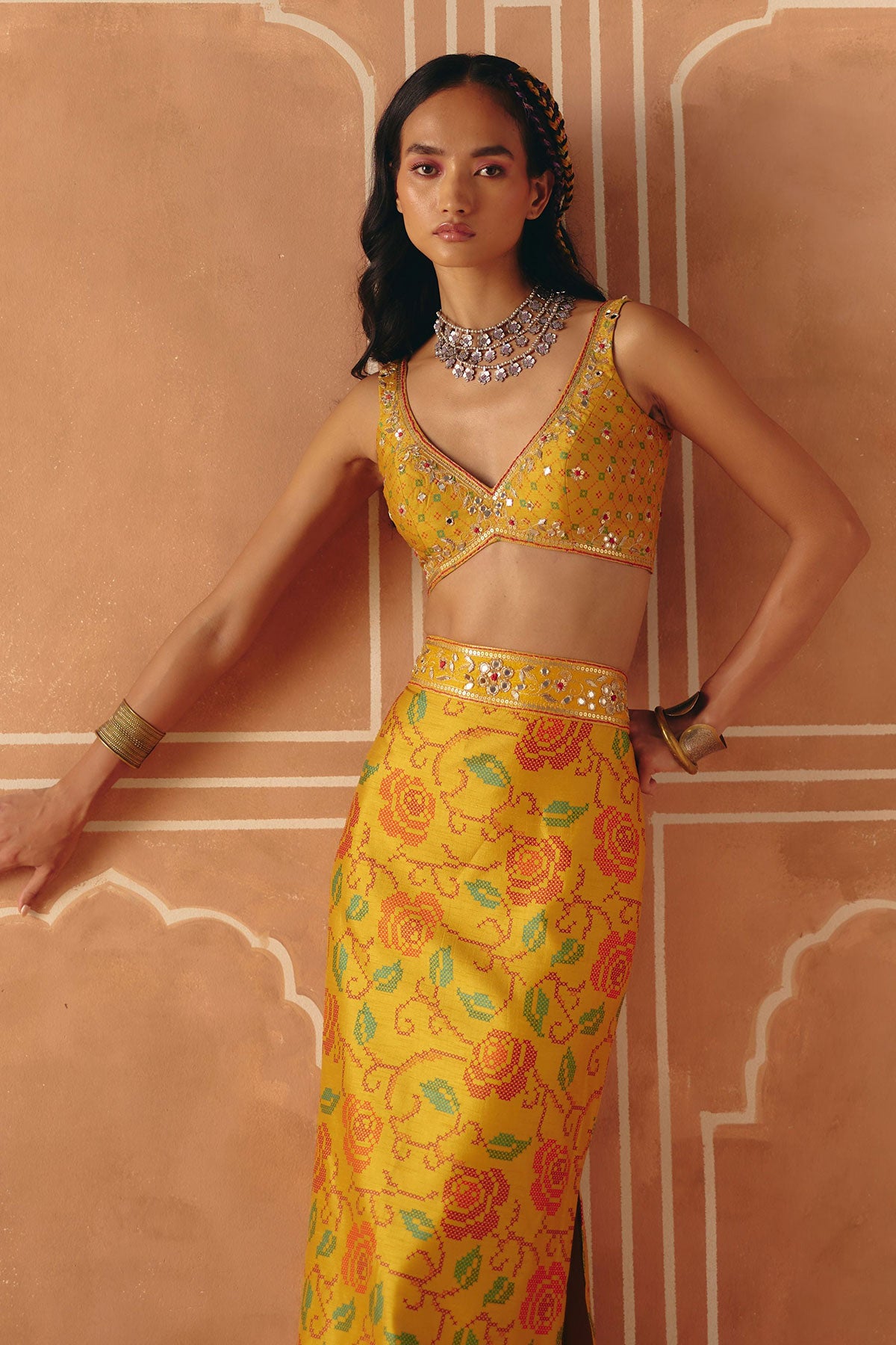 Marigold yellow crop top + pencil skirt