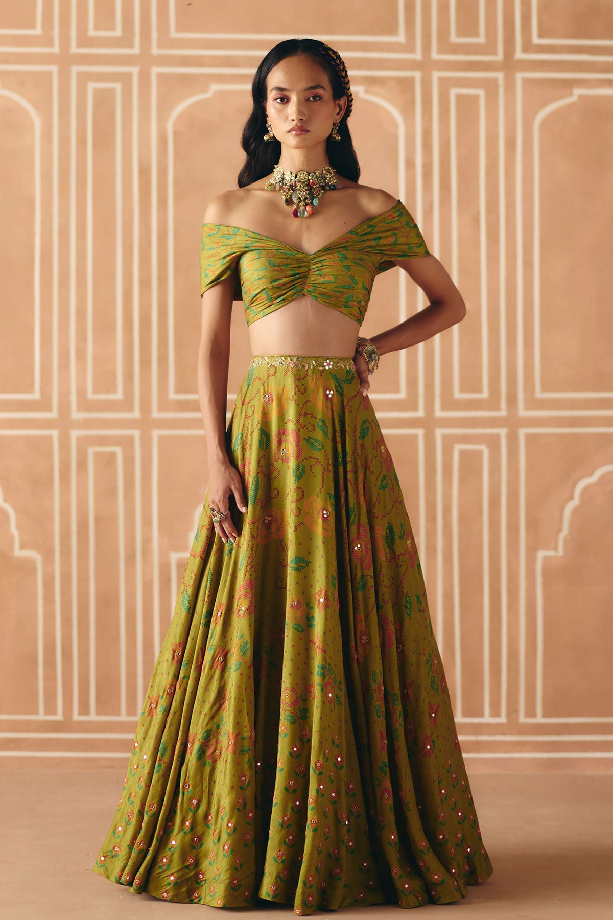 Parrot green off shoulder lehenga