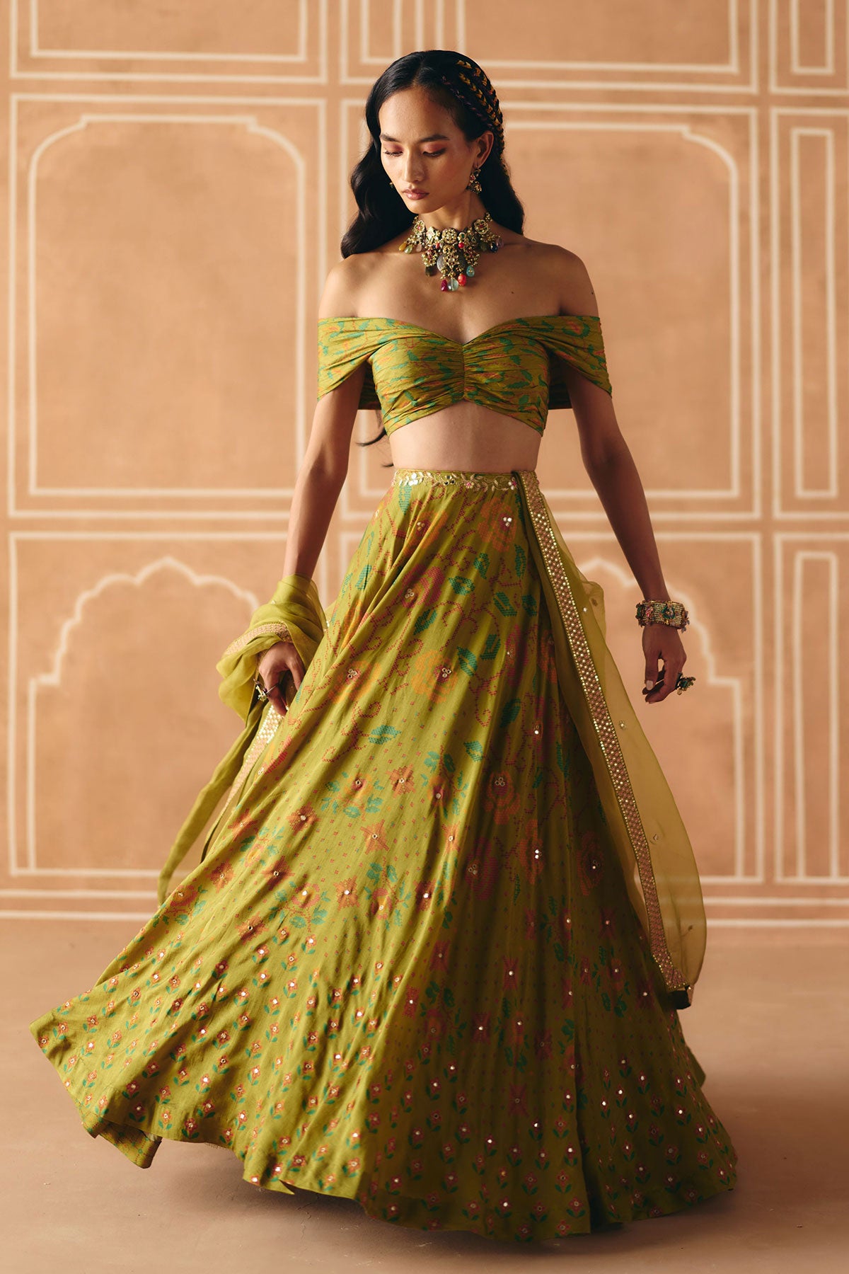 Parrot green off shoulder lehenga