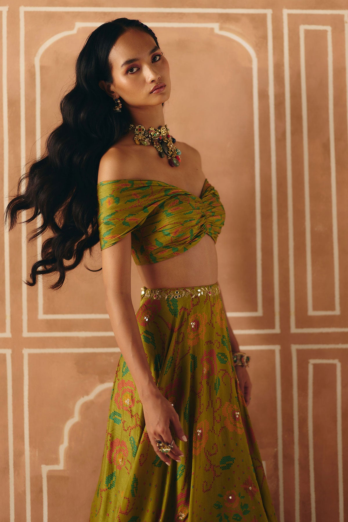 Parrot green off shoulder lehenga