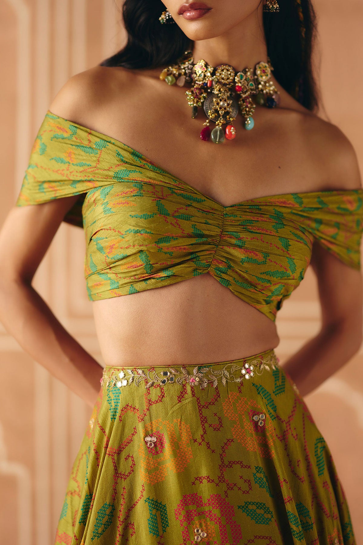 Parrot green off shoulder lehenga