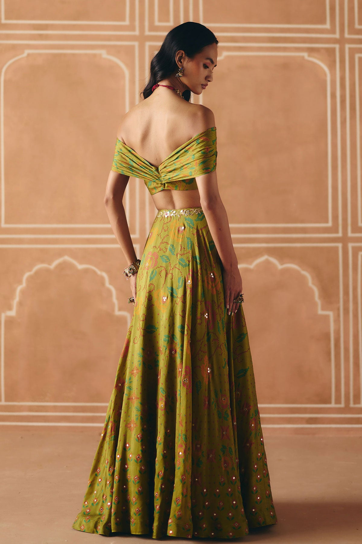 Parrot green off shoulder lehenga