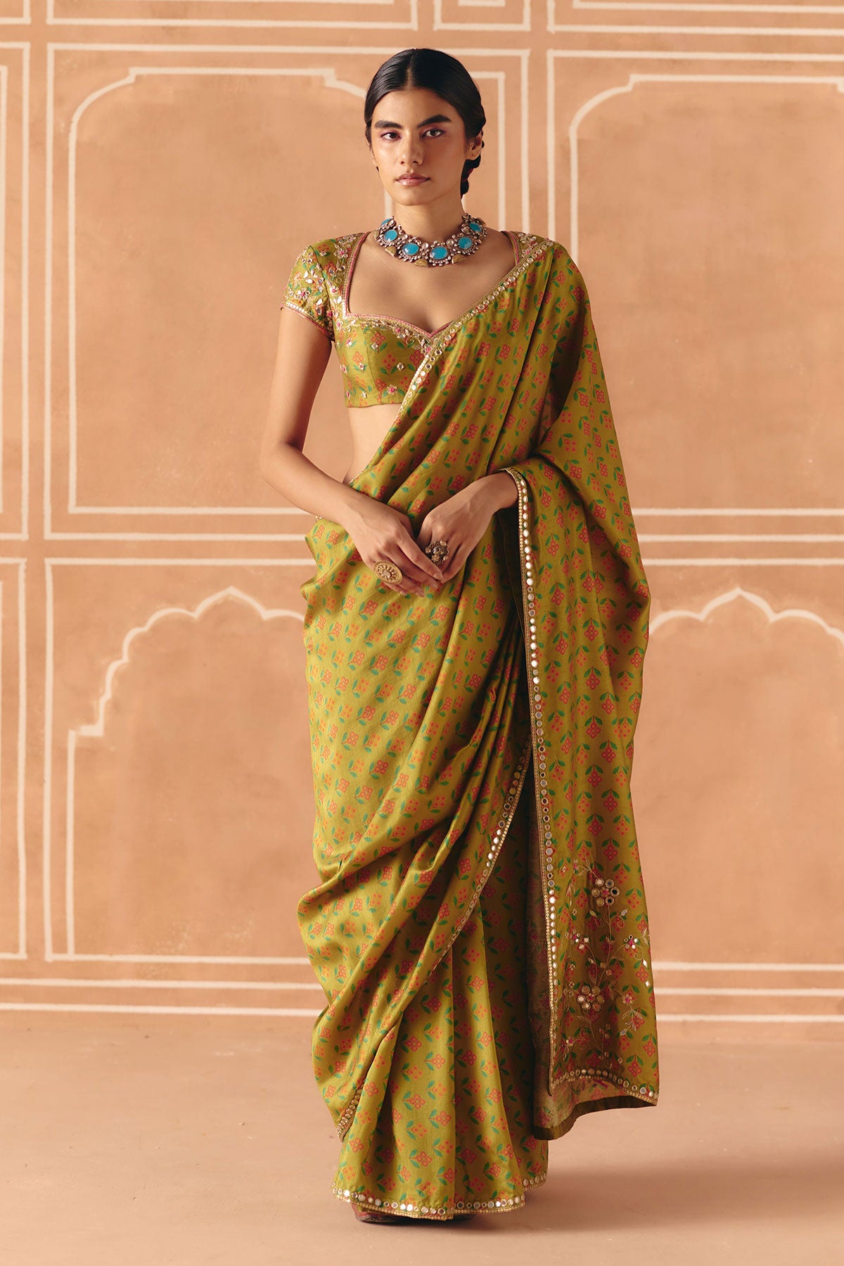 Parrot green saree set