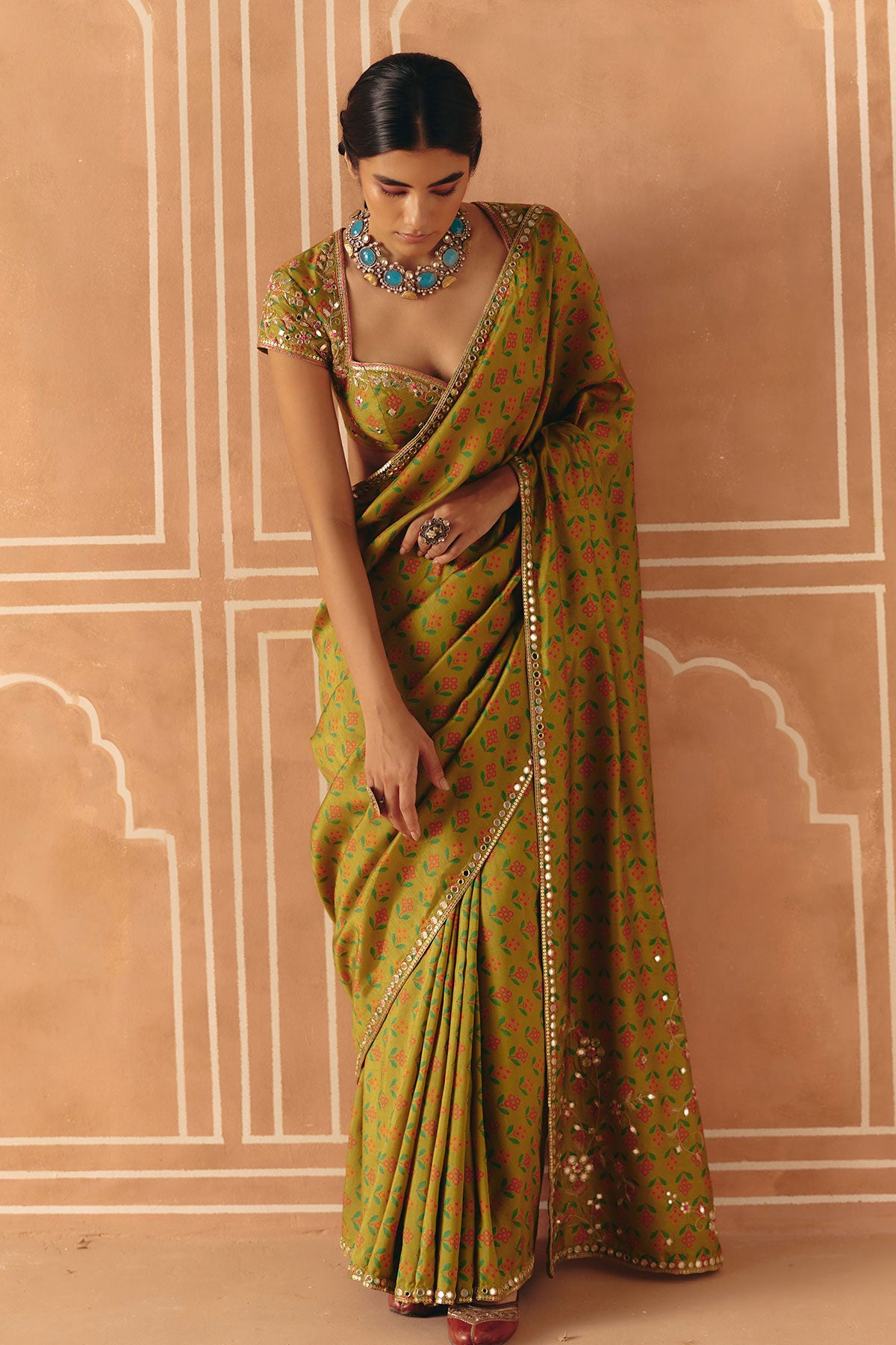 Parrot green saree set